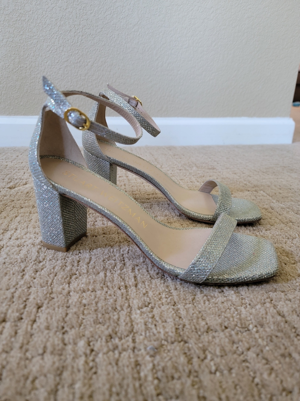 Stuart Weitzman Glitter Block Heel Ankle-Strap Sandals In Platino, Size 8